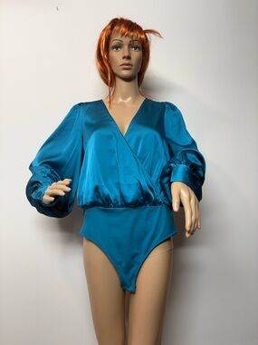 Sergio Hudson Teal Satin Wrap Bodysuit
